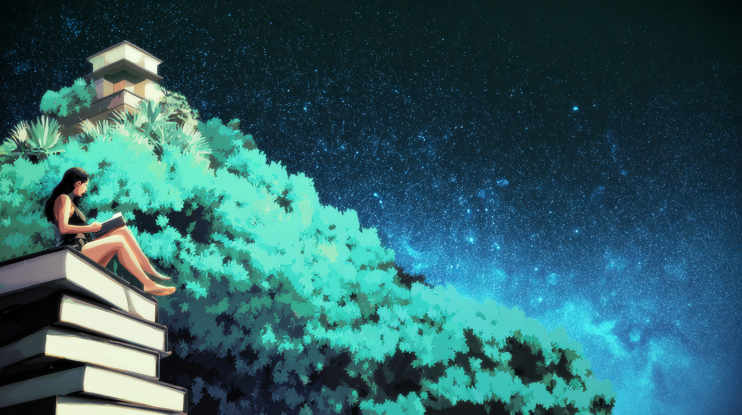 A student reading quietly under a starlit sky — calm focus